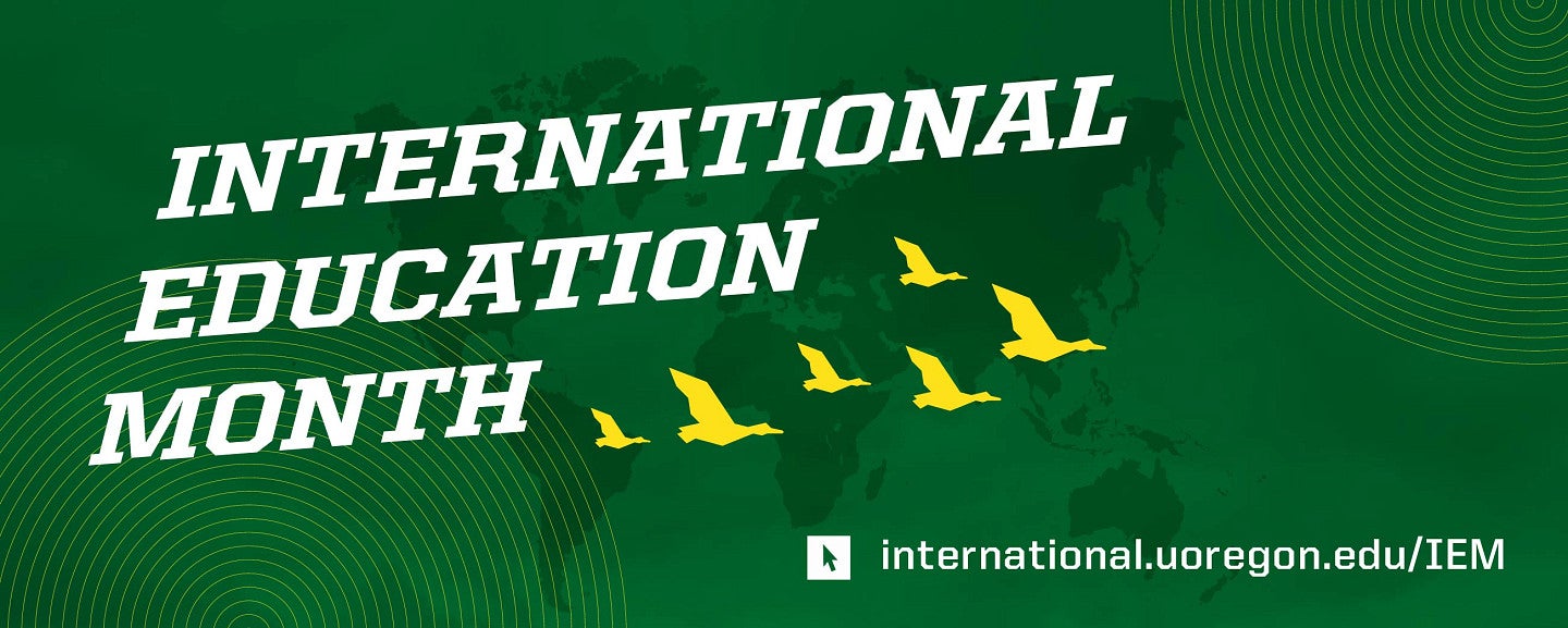 The words "International Education Month" with yellow flying ducks and a green background with a map of the world