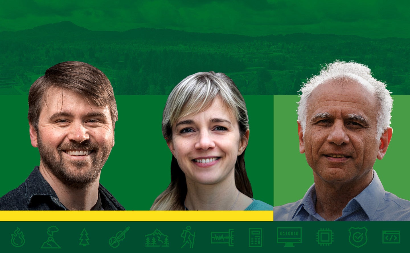 Three headshots of UO Fulbrighters with a green patterned background