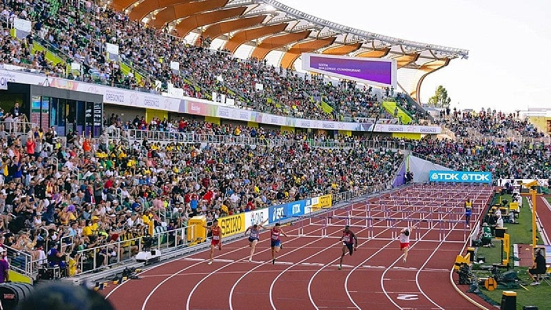 A track and field event at Hayward Field in Eugene, OR