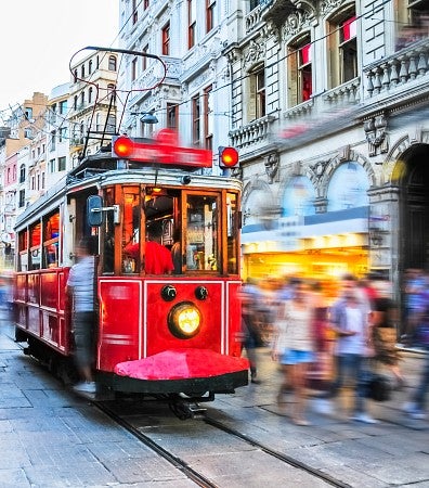 Old red trams on stiklal Avenue, Istanbul, Turkey